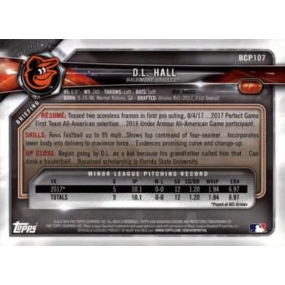 2018 Bowman Chrome Prospects D.L. Hall BCP107 Baltimore Orioles